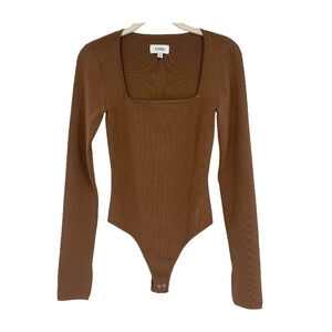 Pistola Jenny Thong Bodysuit S Brown Square Neck Long Sleeve Ribbed Layering Tan
